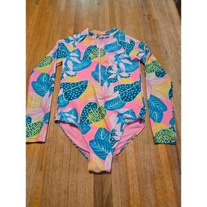 Girls 10 Floral Tropical Long Sleeve One Piece Rash Guard Zip Front Swimsuit